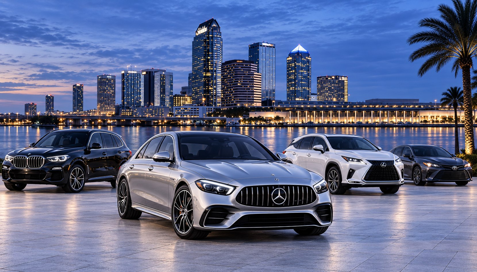 Illustrative new-car lineup beside the Tampa waterfront